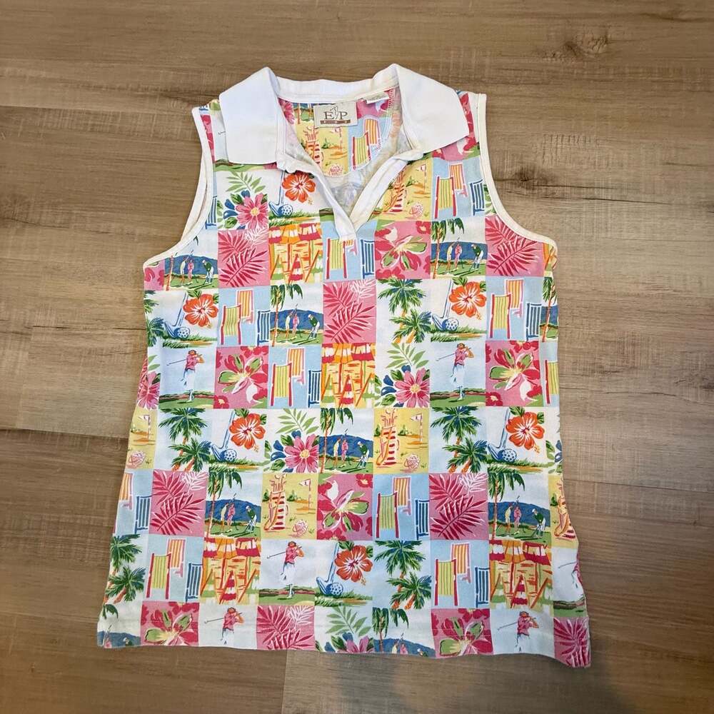 VTG EP Women Sleeveless Golf Polo Shirt M Patchwork Tropical Palm Tree